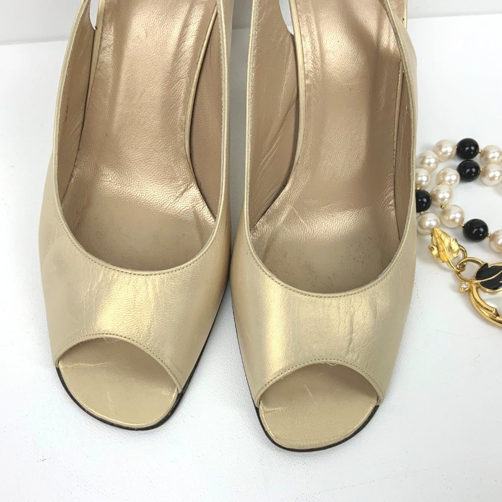 Stuart Weitzman Leather Metallic Gold Slingback Peep Toe Heels Sz 9 - Picture 5 of 16